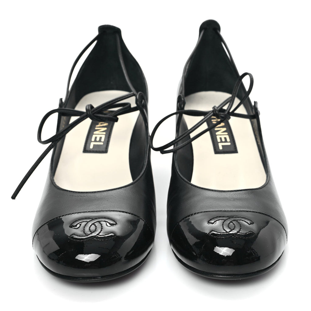 Lambskin Patent Cap Toe CC Mary Jane Pumps 39 Black