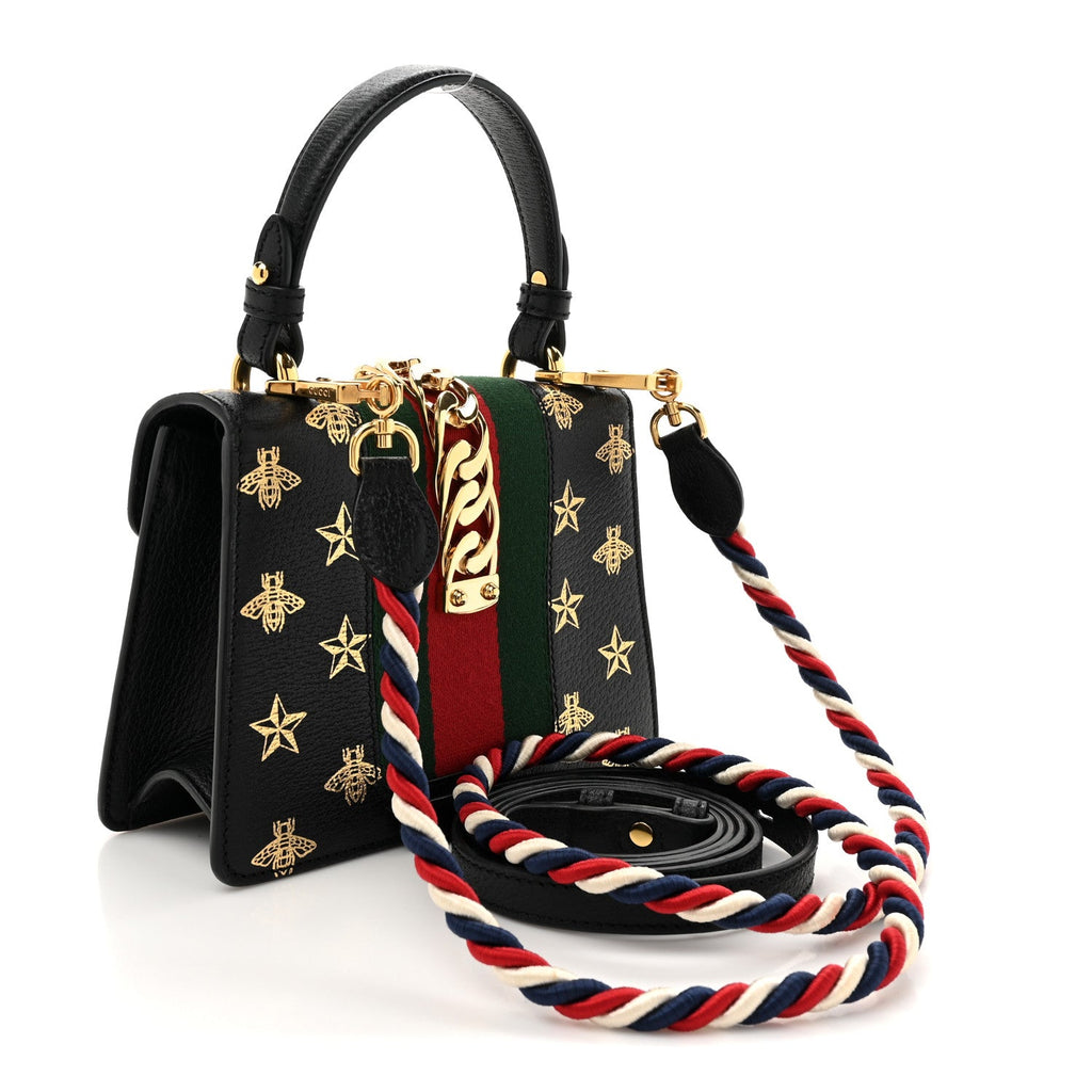 Textured Calfskin Bee Star Print Mini Sylvie Top Handle Bag Black