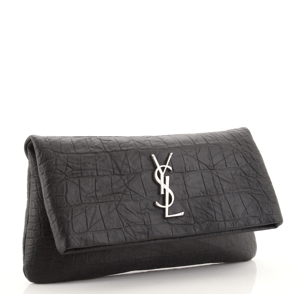 West Hollywood Fold Over Clutch Crocodile Embossed Leather