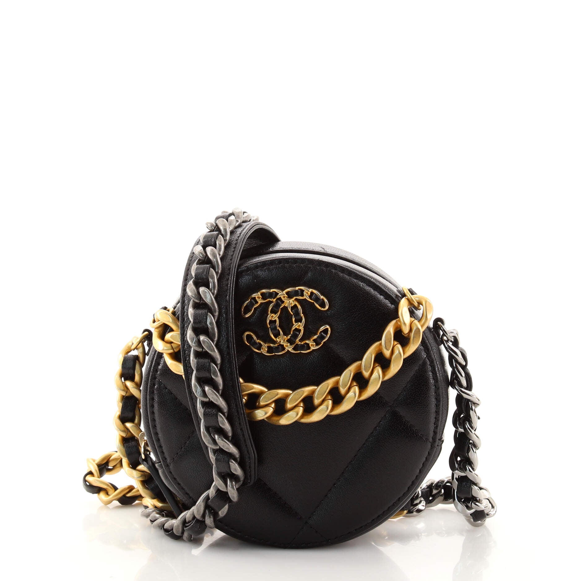19 Round Clutch with Chain Quilted Lambskin