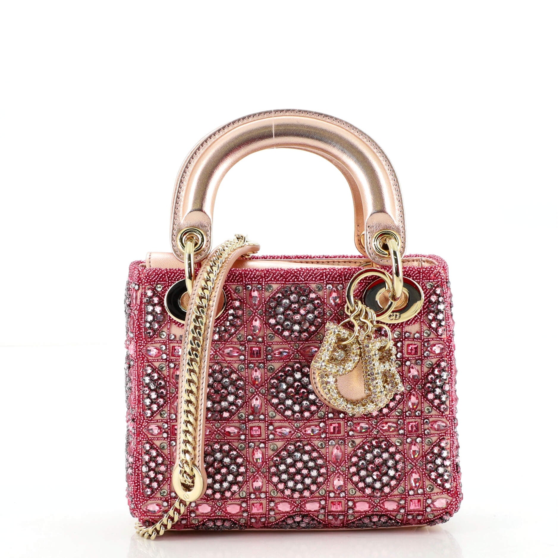 Rose des Vents Lady Dior Bag Embellished Metallic Calfskin with Satin Mini