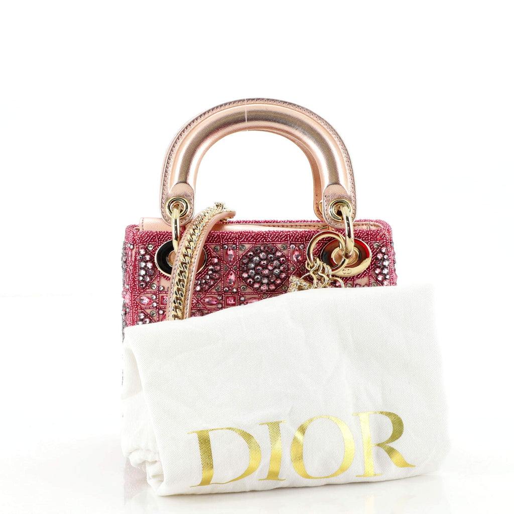Rose des Vents Lady Dior Bag Embellished Metallic Calfskin with Satin Mini