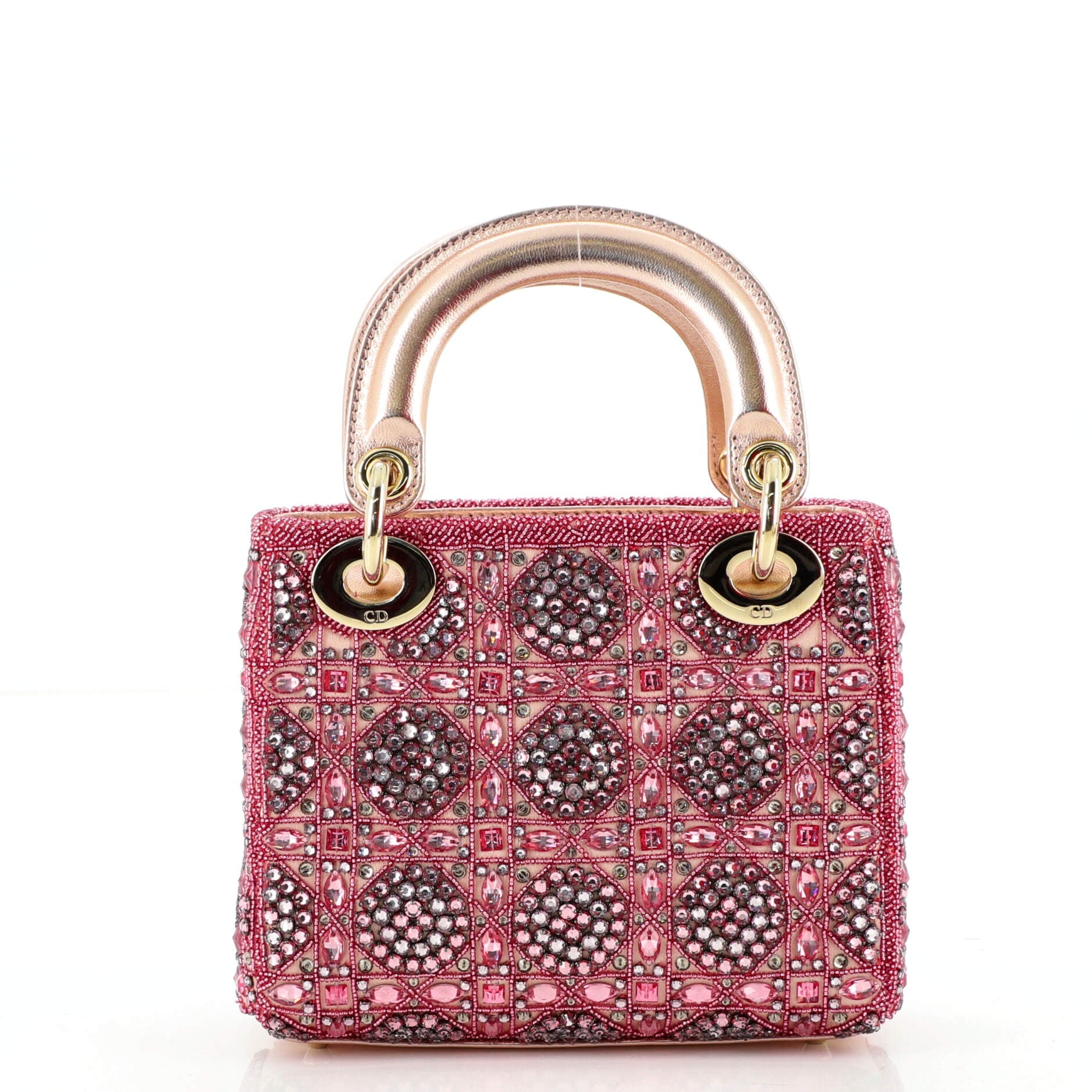 Rose des Vents Lady Dior Bag Embellished Metallic Calfskin with Satin Mini