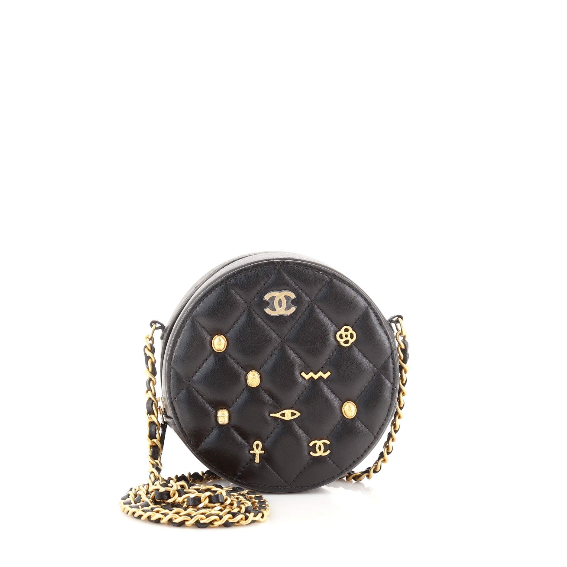 Egyptian Amulet Round Chain Clutch Quilted Calfskin Mini
