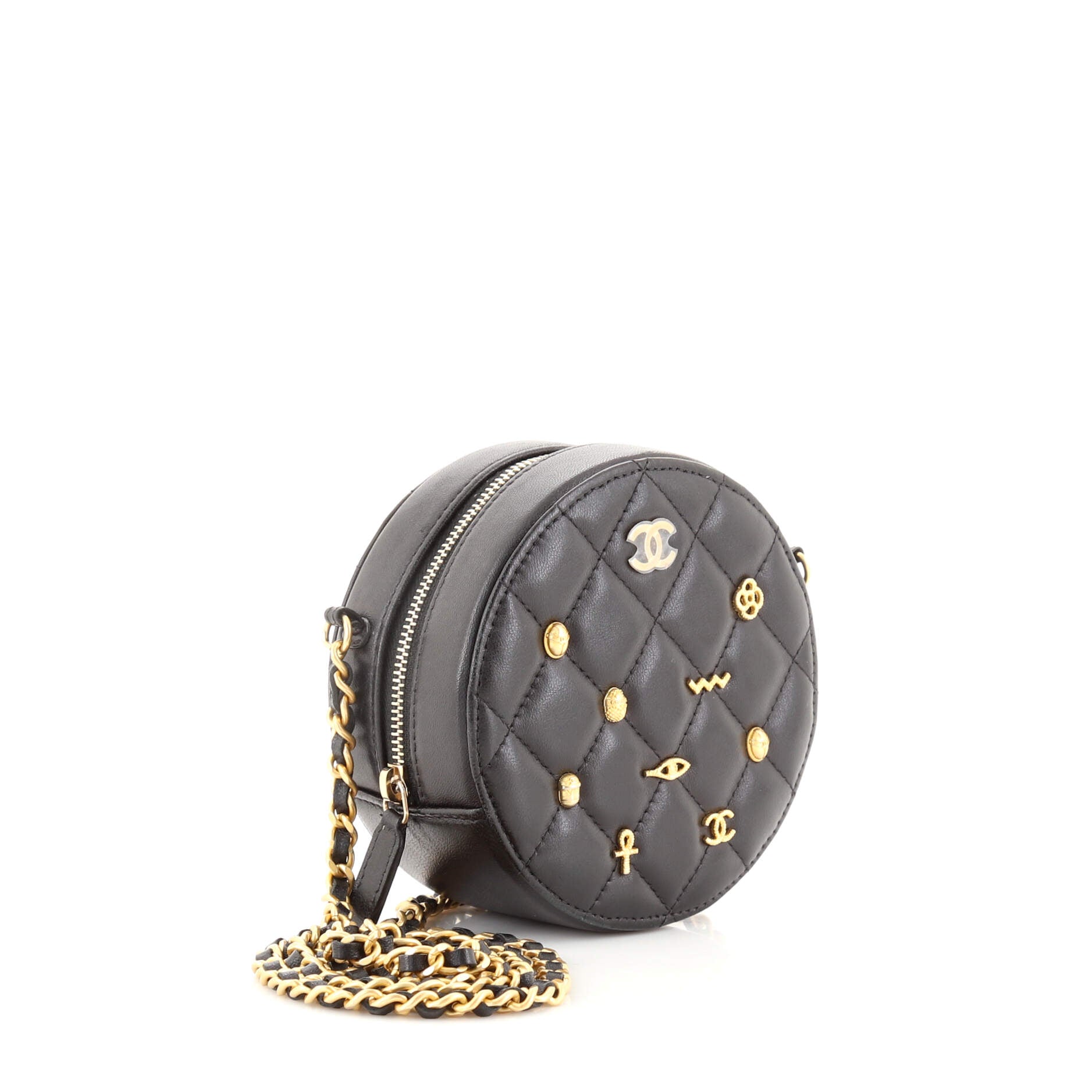 Egyptian Amulet Round Chain Clutch Quilted Calfskin Mini
