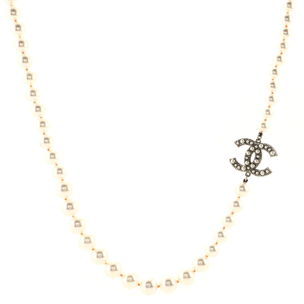 CC Long Necklace Faux Pearls with Crystals and Gripoix