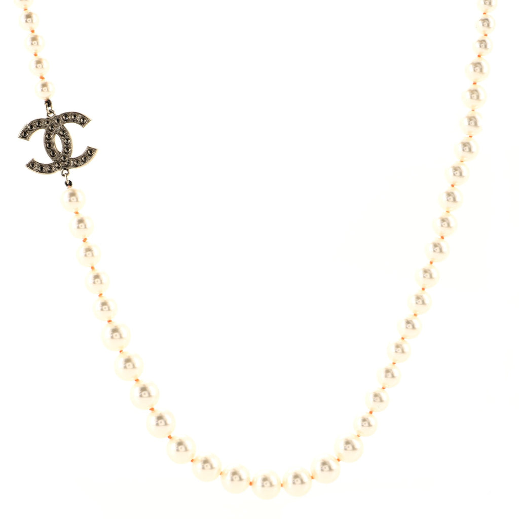 CC Long Necklace Faux Pearls with Crystals and Gripoix