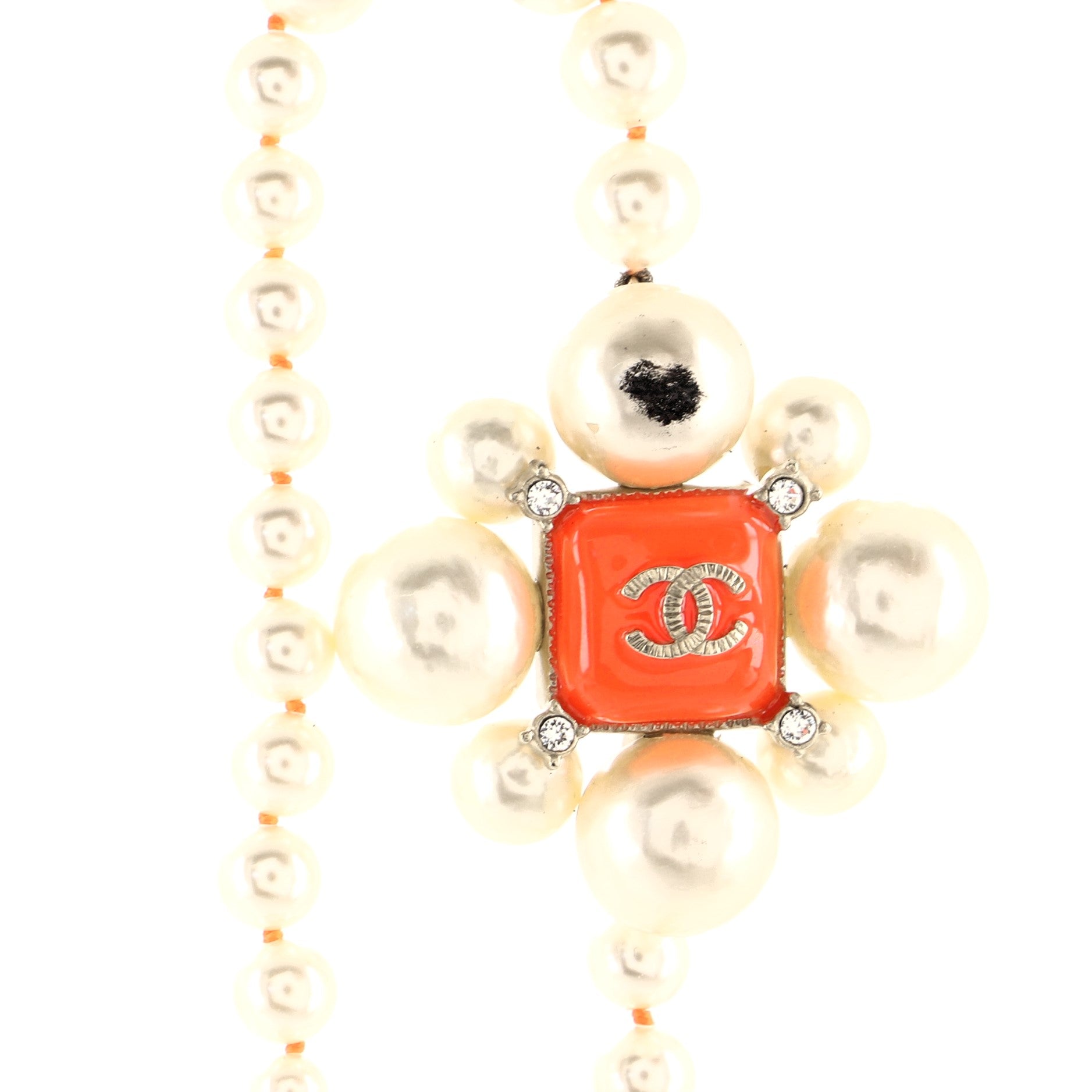 CC Long Necklace Faux Pearls with Crystals and Gripoix