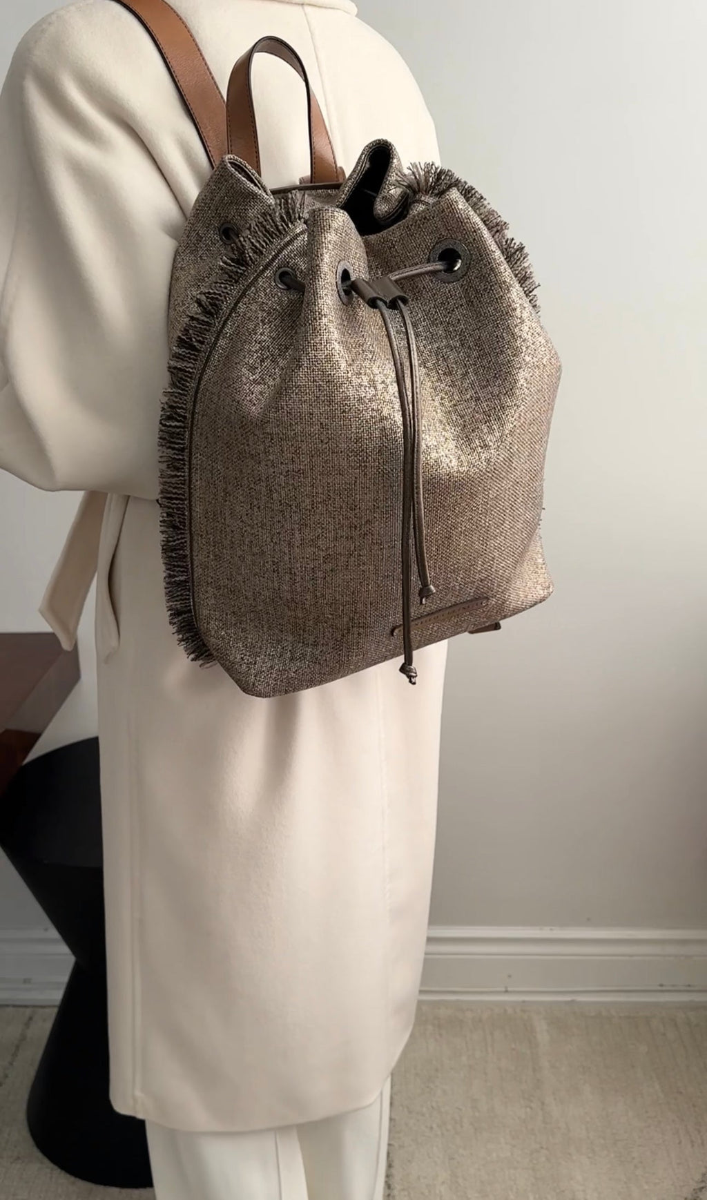 Brunello Cucinelli Gold Metallic Canvas Fringe Backpack
