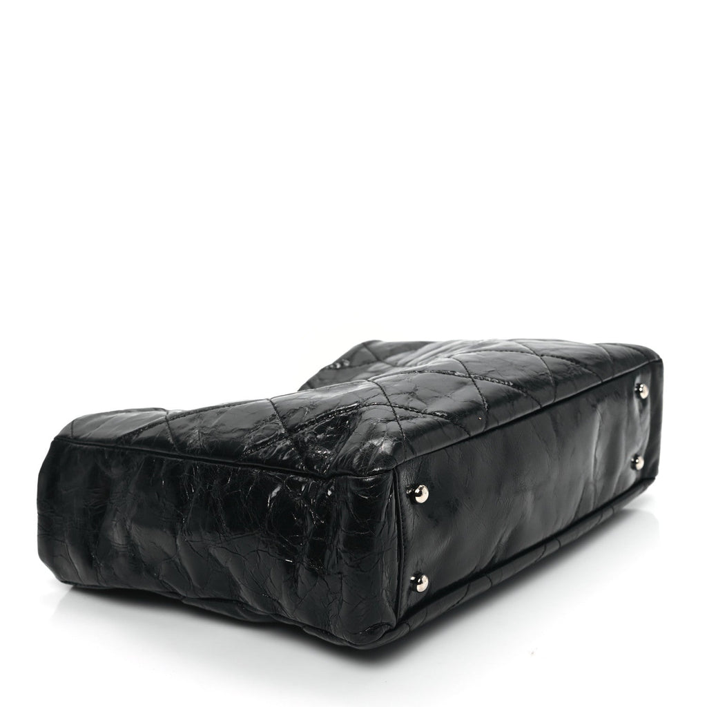 Glazed Calfskin Lambskin Quilted Portobello Tote Black Grey