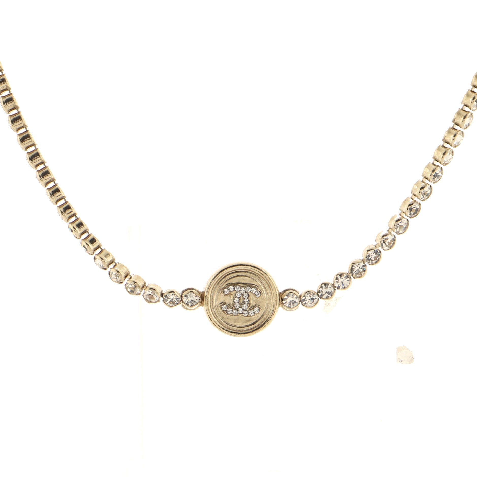 CC Round Button Choker Necklace Metal with Crystals