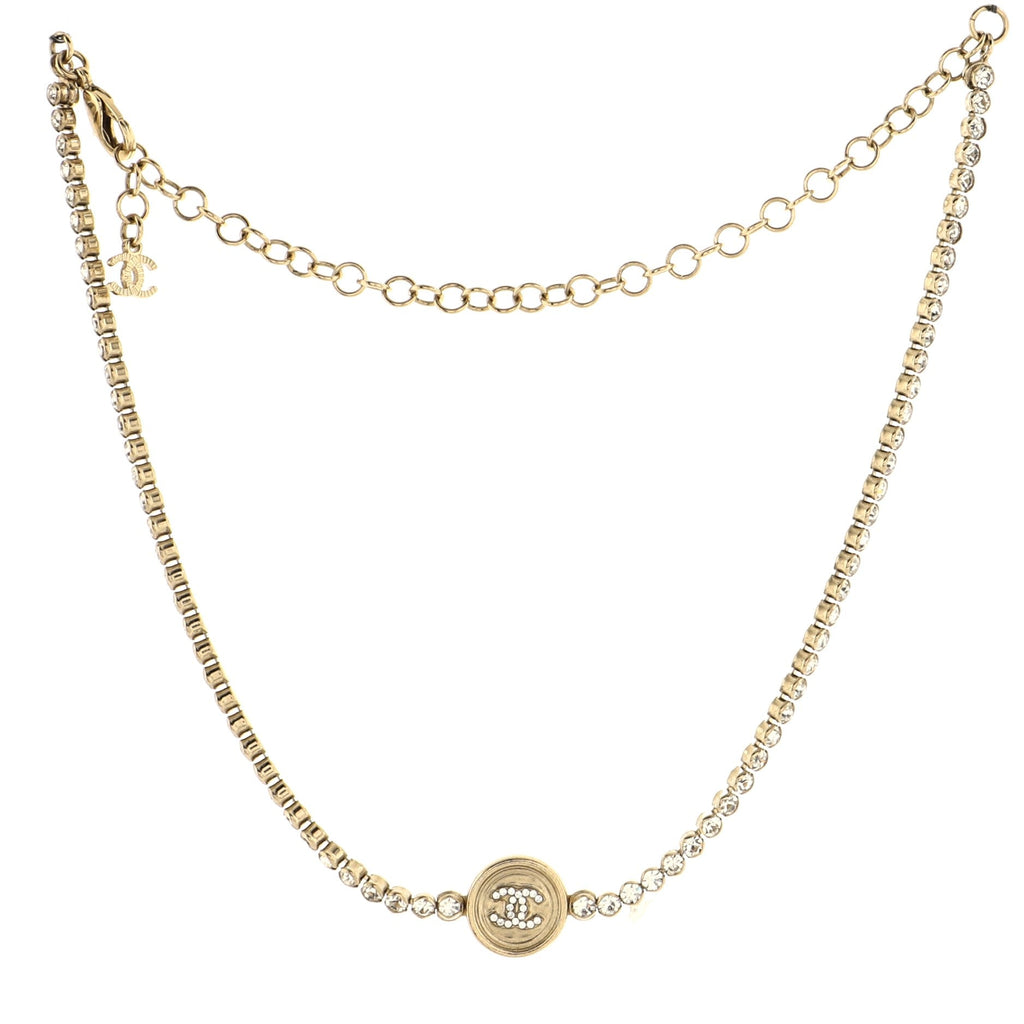 CC Round Button Choker Necklace Metal with Crystals