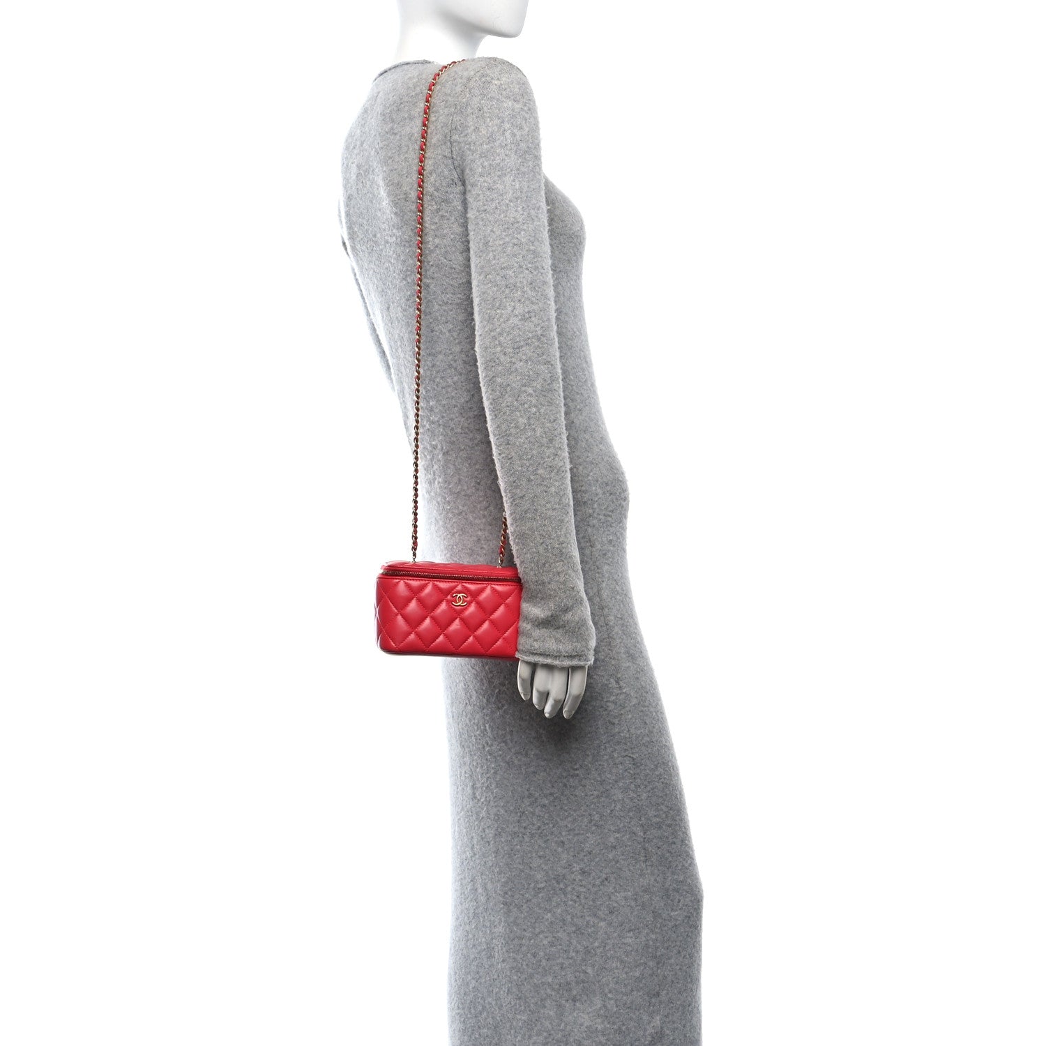 Lambskin Quilted Small Pearl Crush Vanity Case With Chain Red