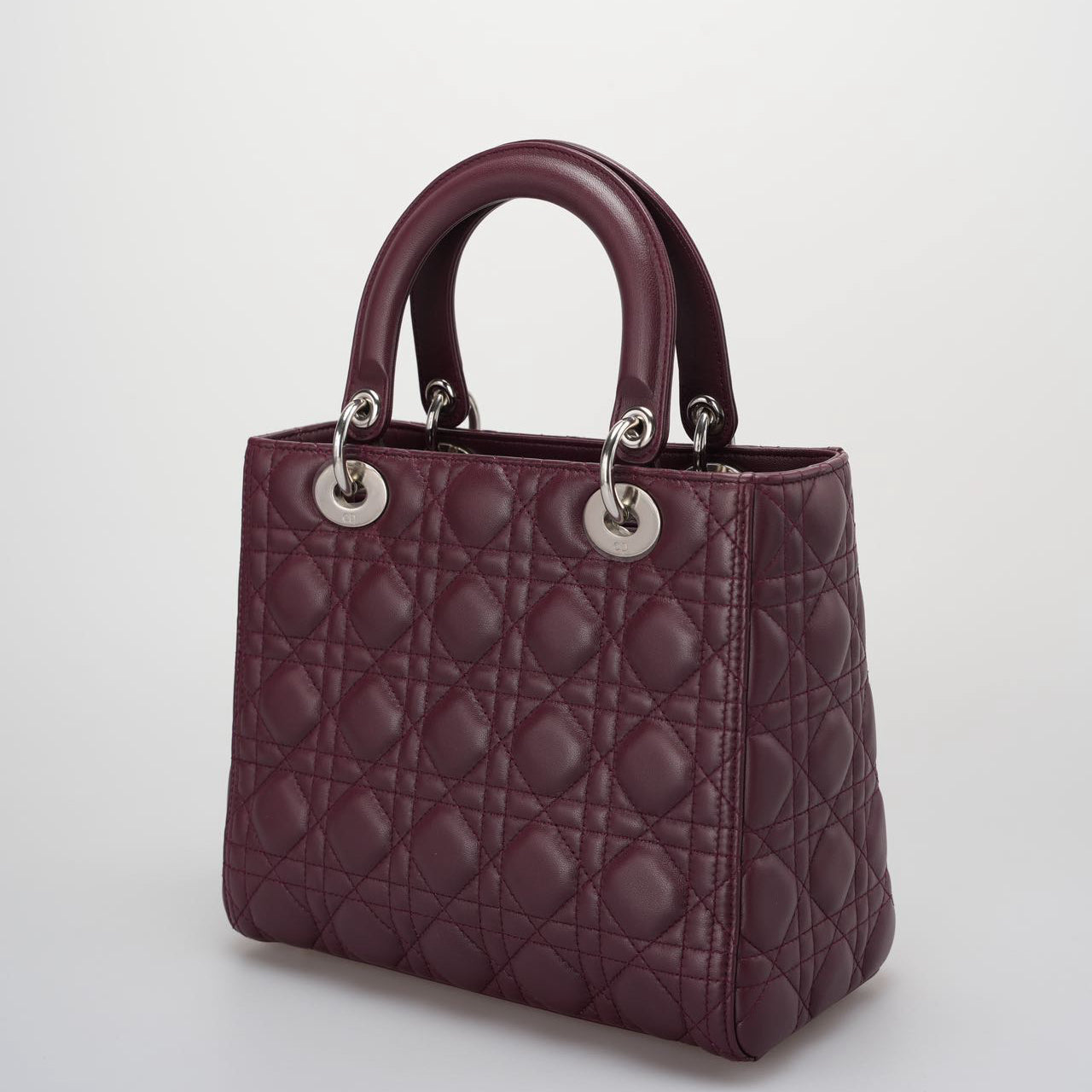 Christian Dior Burgundy Lady Dior Bag in Cannage Lambskin Leather with Silver Hardware Medium LP