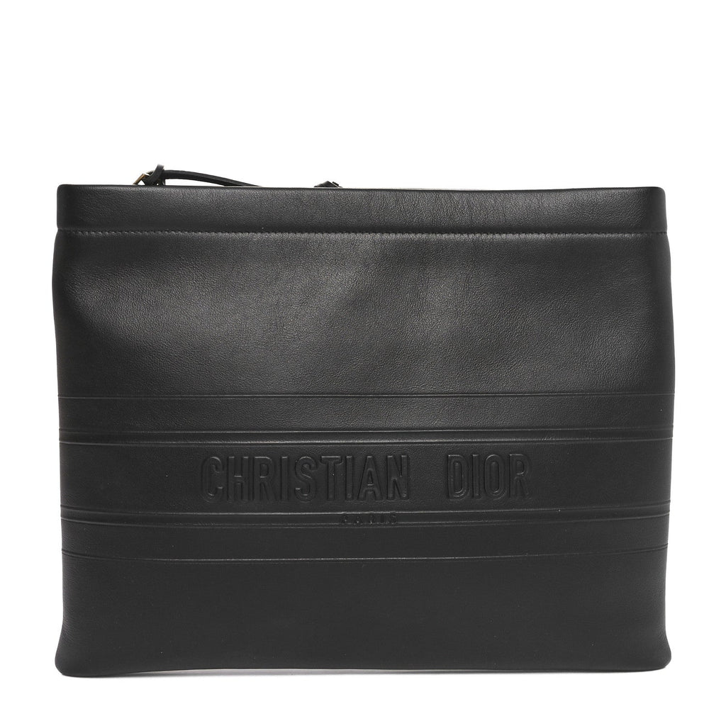 Calfskin Medium Diordouble Zip Pouch Black