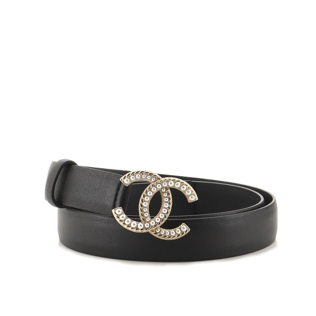 CC Buckle Belt Leather with Metal and Faux Pearls Thin 90