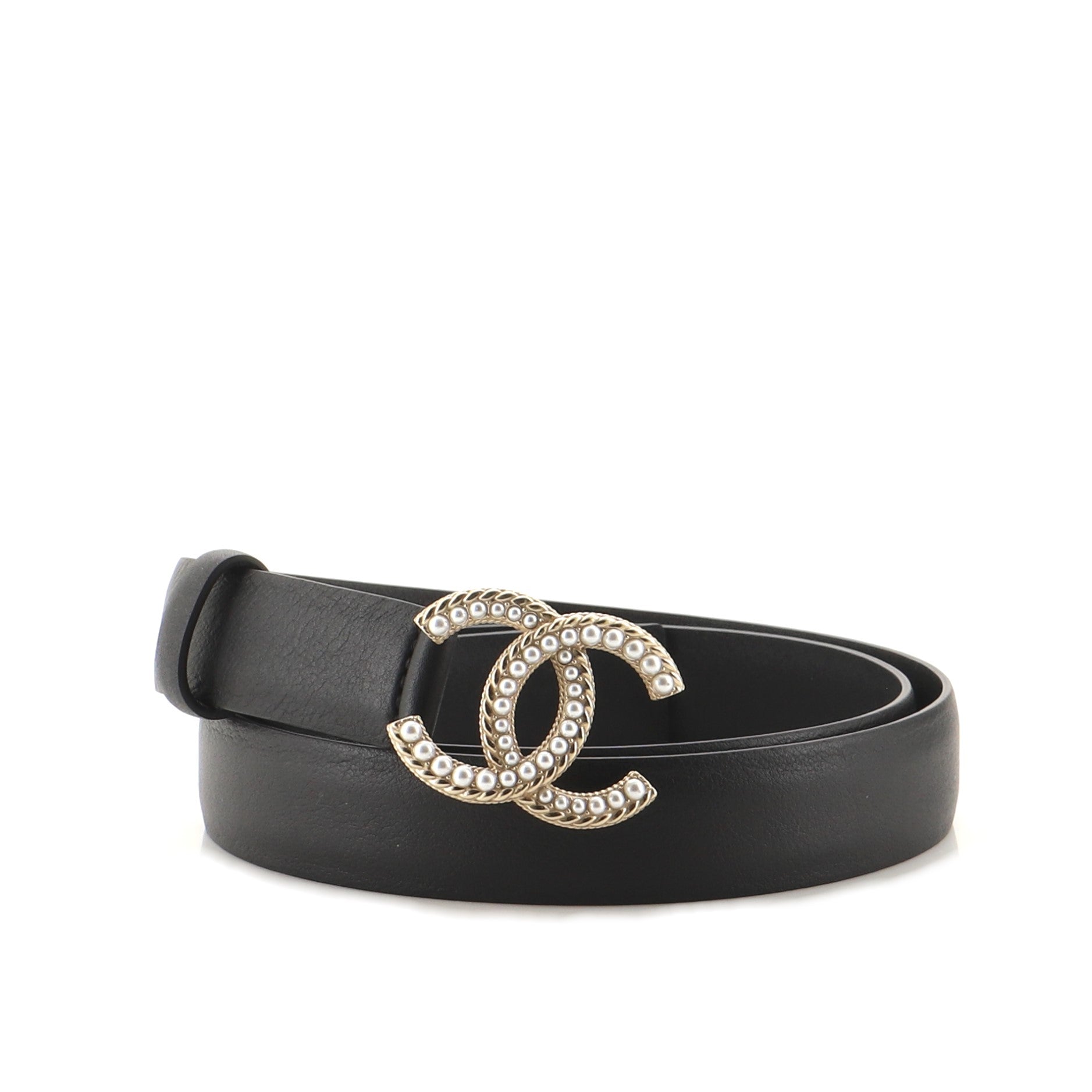 CC Buckle Belt Leather with Metal and Faux Pearls Thin 90
