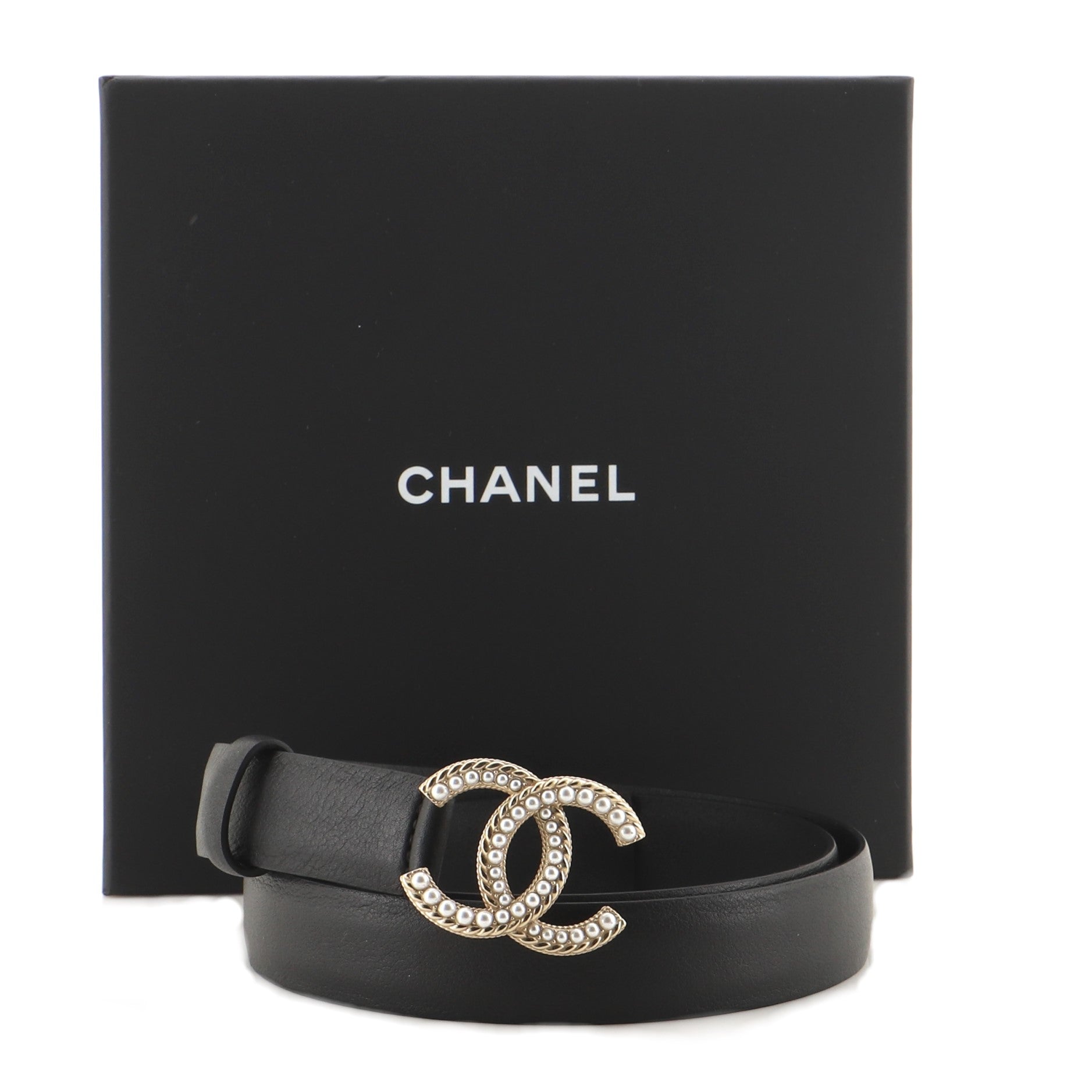 CC Buckle Belt Leather with Metal and Faux Pearls Thin 90