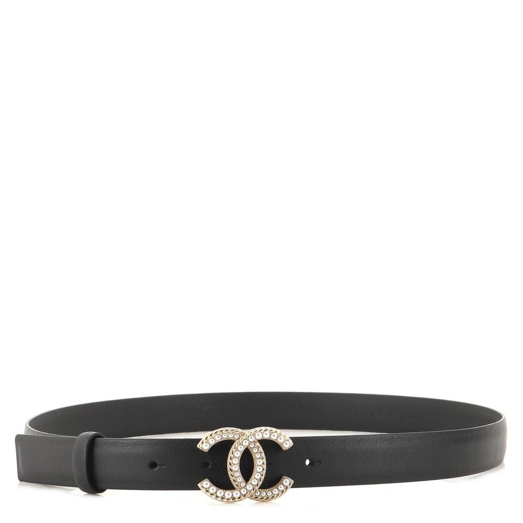 CC Buckle Belt Leather with Metal and Faux Pearls Thin 90