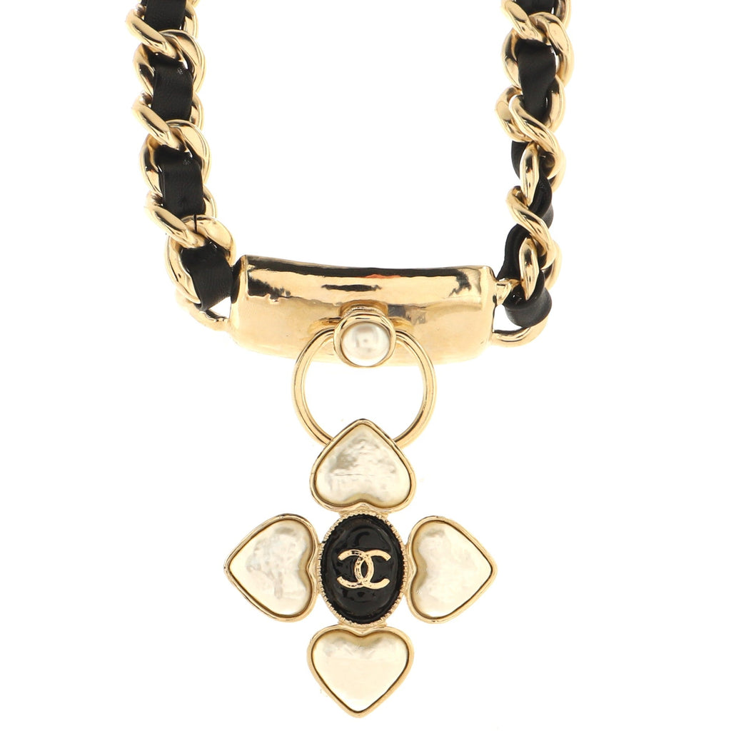 CC Hearts Dangle Choker Necklace Metal and Leather with Faux Pearls