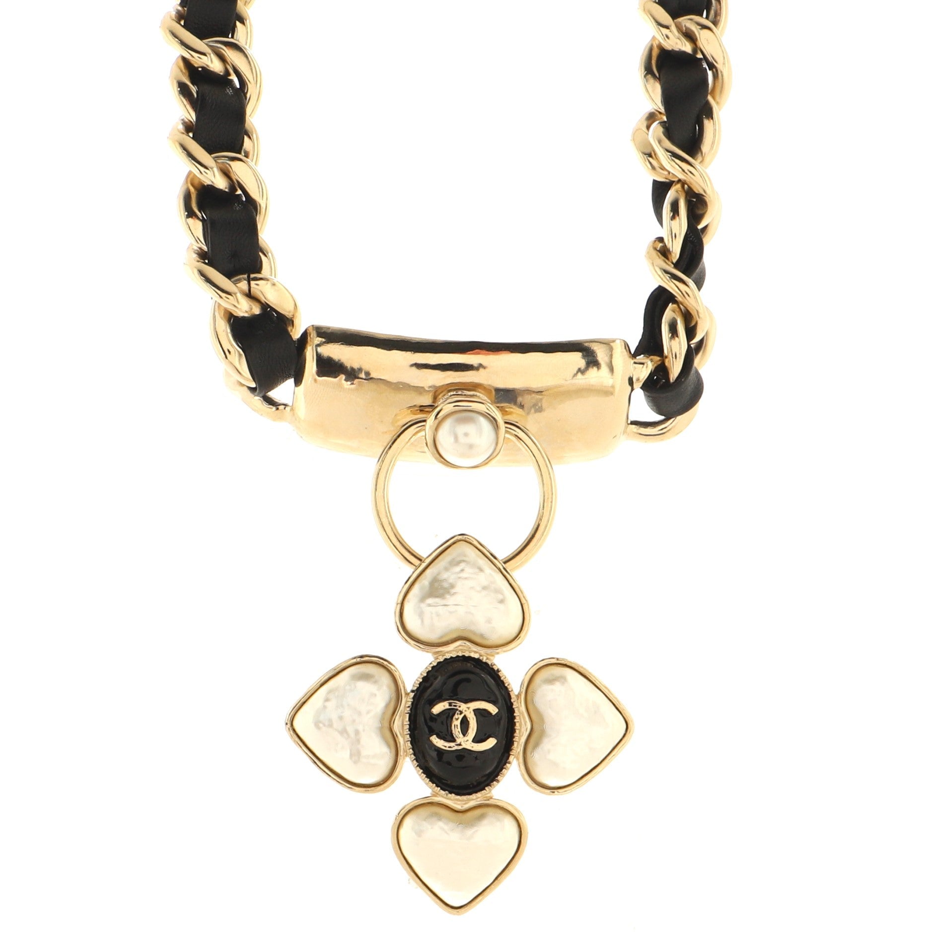 CC Hearts Dangle Choker Necklace Metal and Leather with Faux Pearls