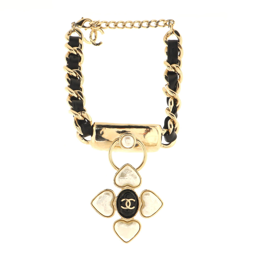 CC Hearts Dangle Choker Necklace Metal and Leather with Faux Pearls