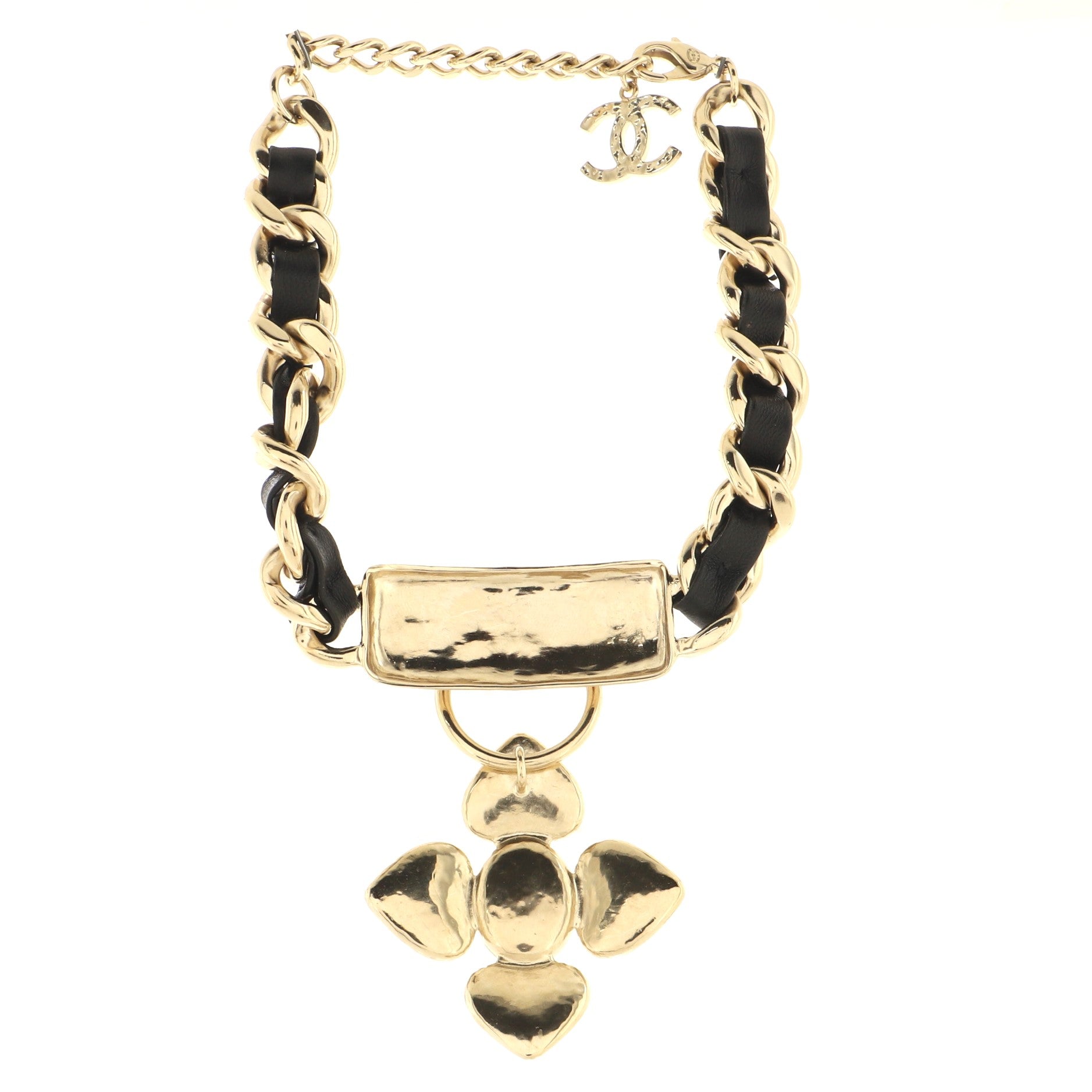 CC Hearts Dangle Choker Necklace Metal and Leather with Faux Pearls