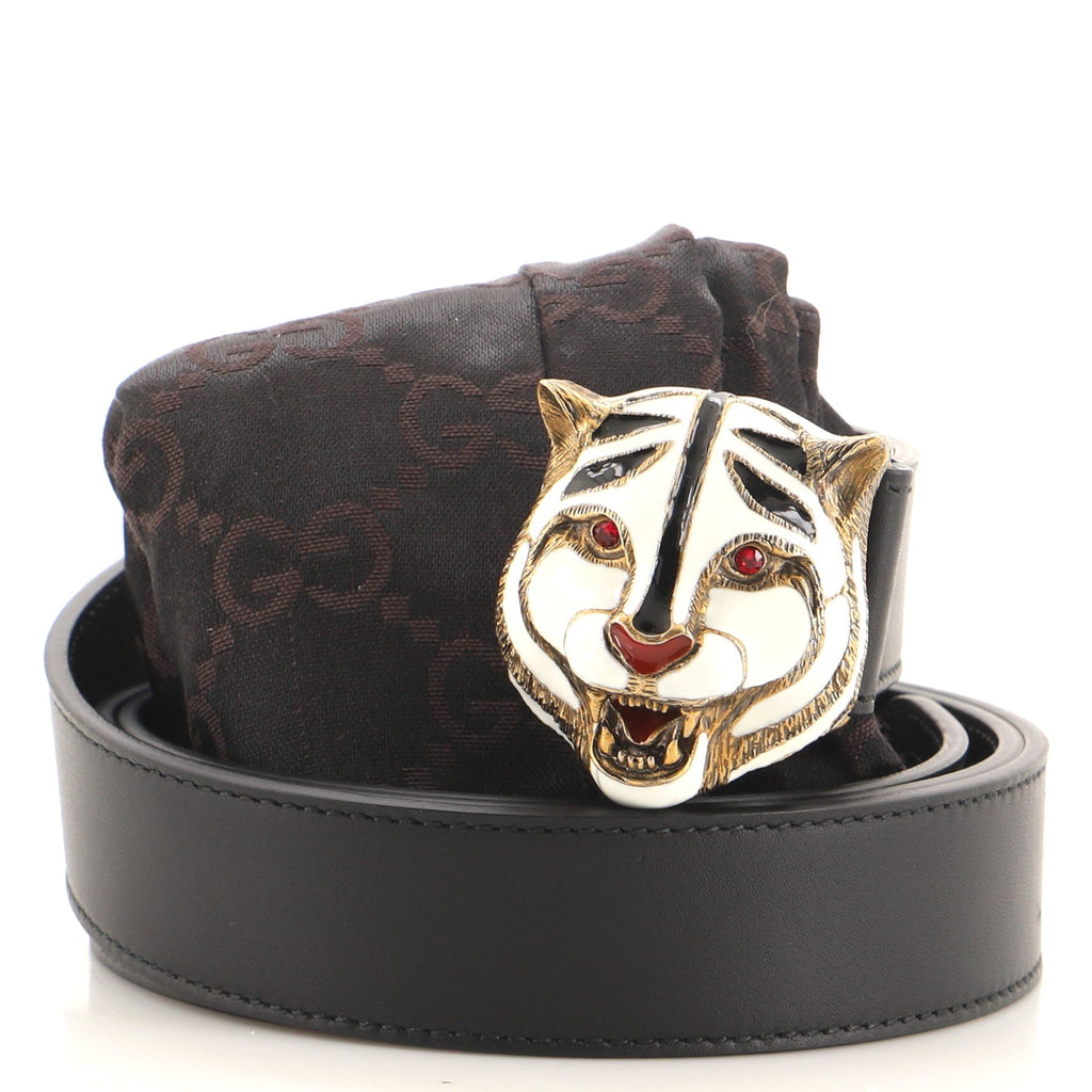 Feline Head Belt Leather with Metal and Enamel Medium 105