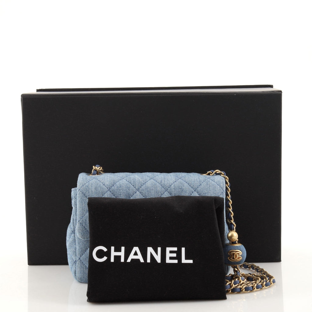 Pearl Crush Square Flap Bag Quilted Denim Mini