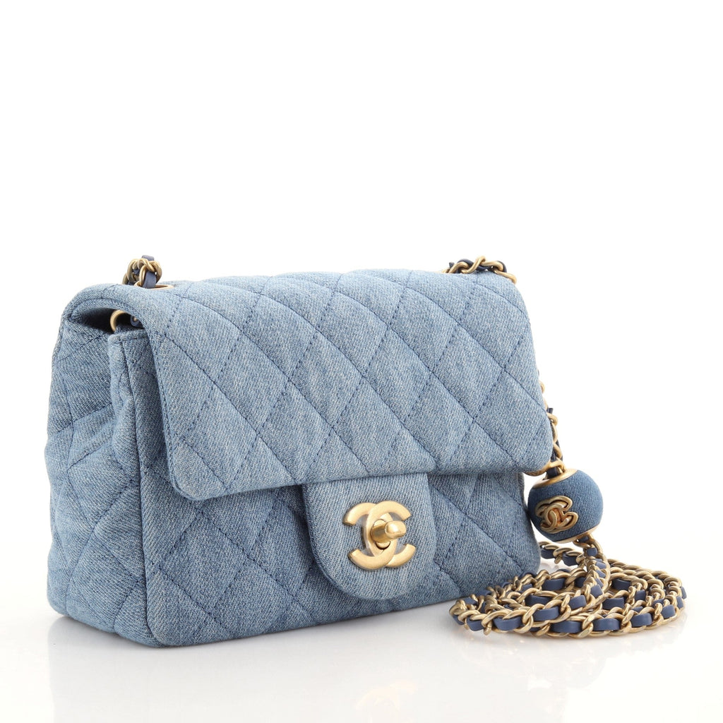Pearl Crush Square Flap Bag Quilted Denim Mini