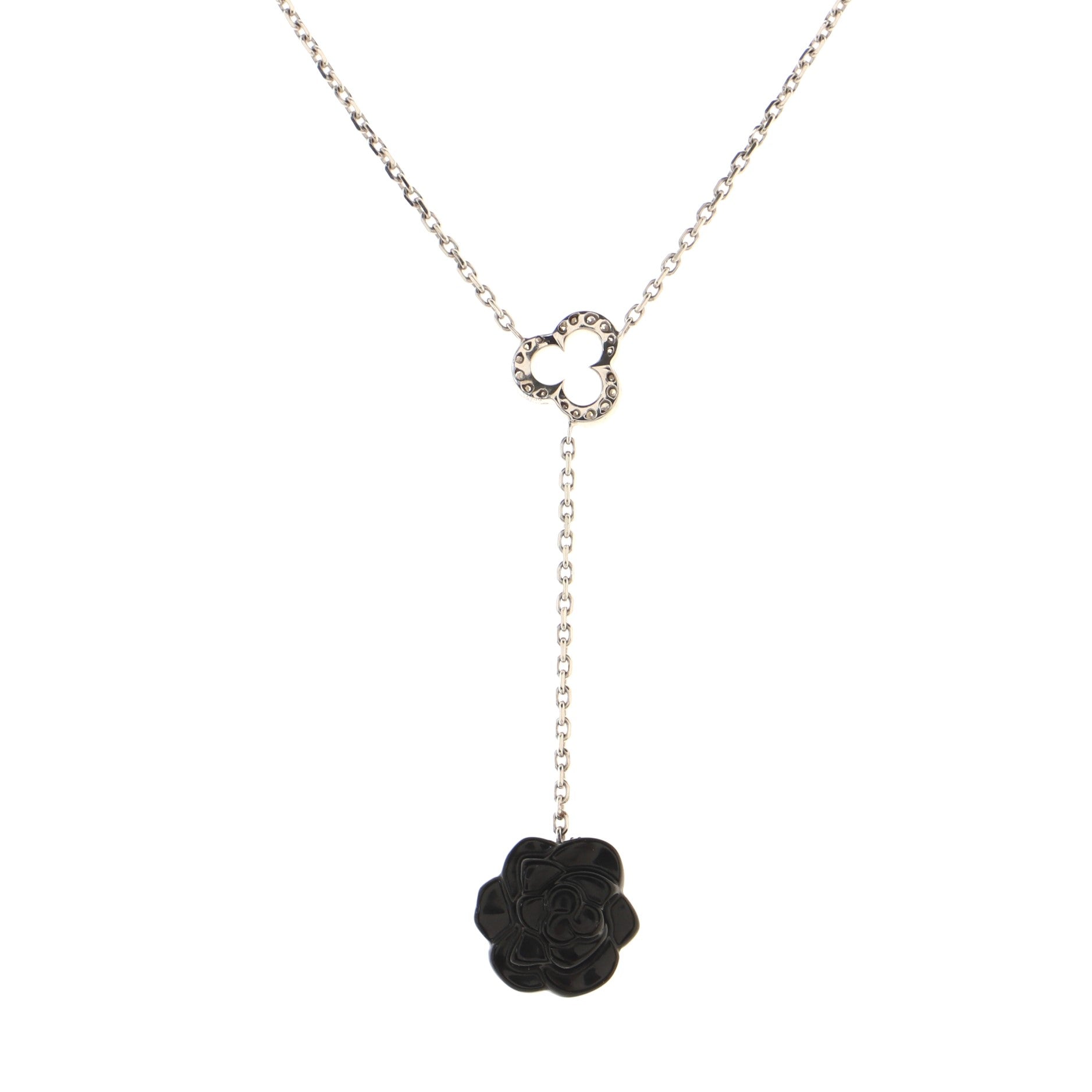 Camelia Lariat Necklace 18K White Gold with Diamonds and Onyx