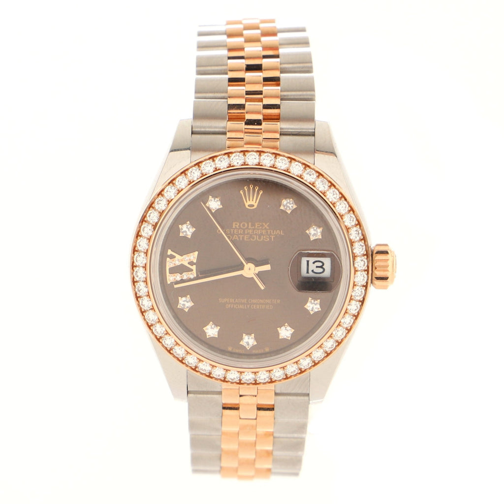 Oyster Perpetual Datejust Automatic Watch Stainless Steel and Rose Gold with Diamond Bezel and Markers and IX Numeral 28