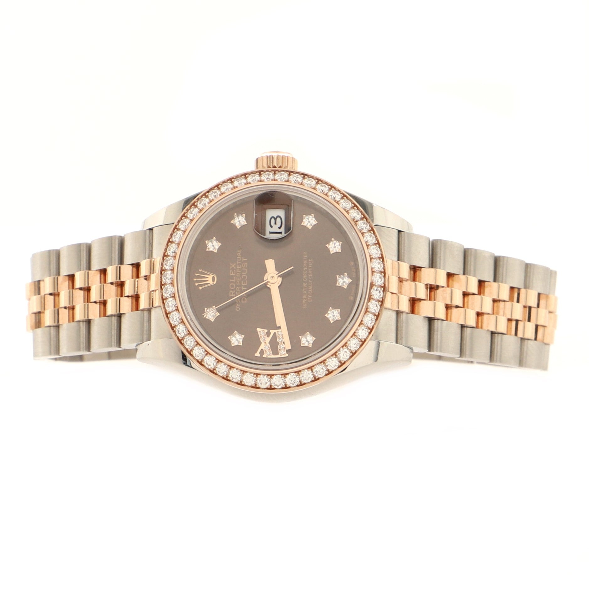 Oyster Perpetual Datejust Automatic Watch Stainless Steel and Rose Gold with Diamond Bezel and Markers and IX Numeral 28