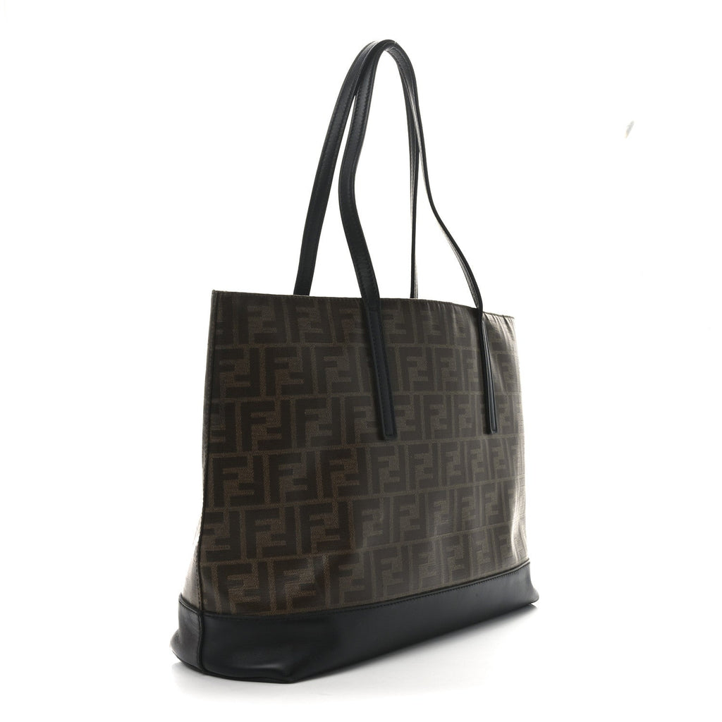 Glazed Fabric Vitello Century FF 1974 Stamp Patch Shopping Tote Mogano Panna Black