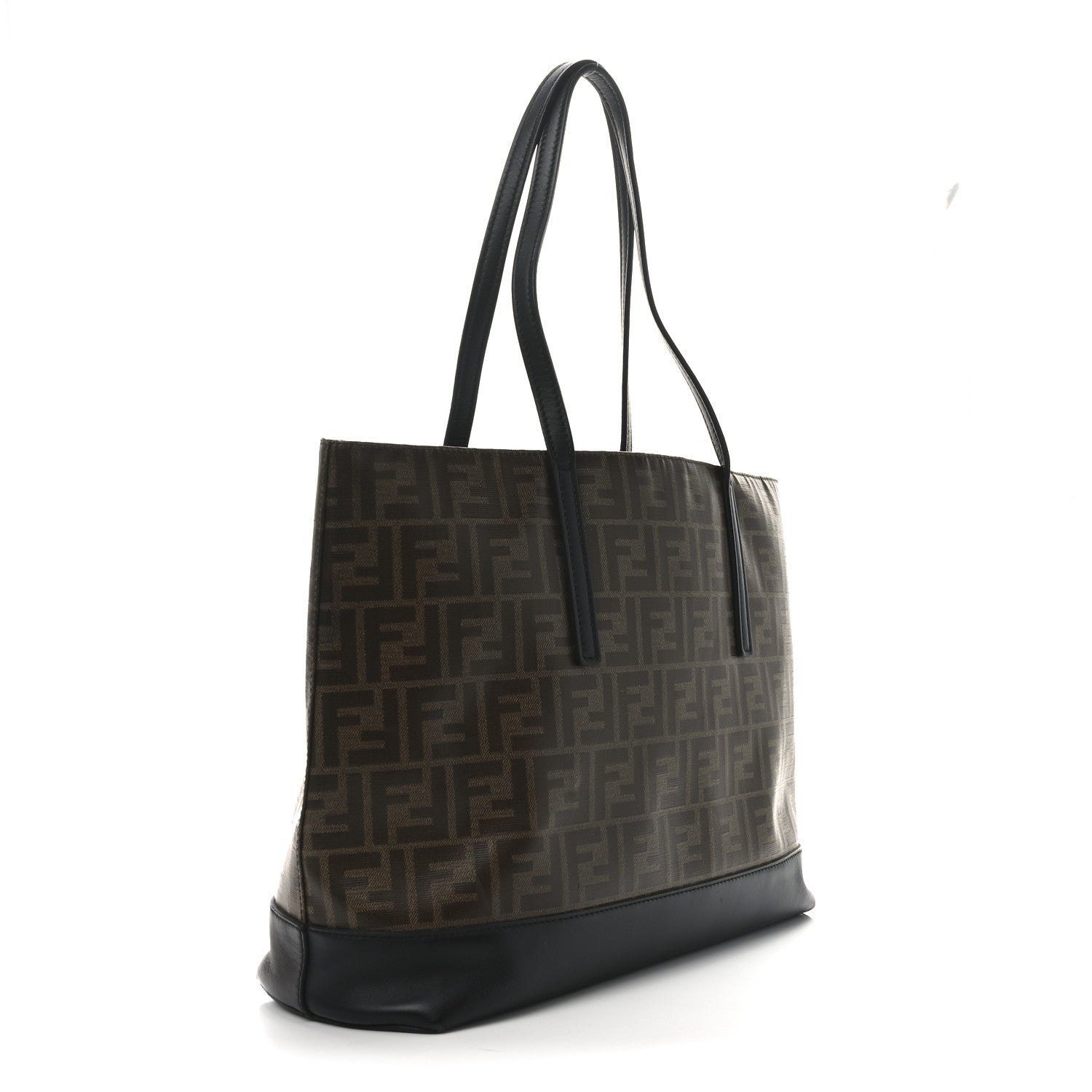 Glazed Fabric Vitello Century FF 1974 Stamp Patch Shopping Tote Mogano Panna Black