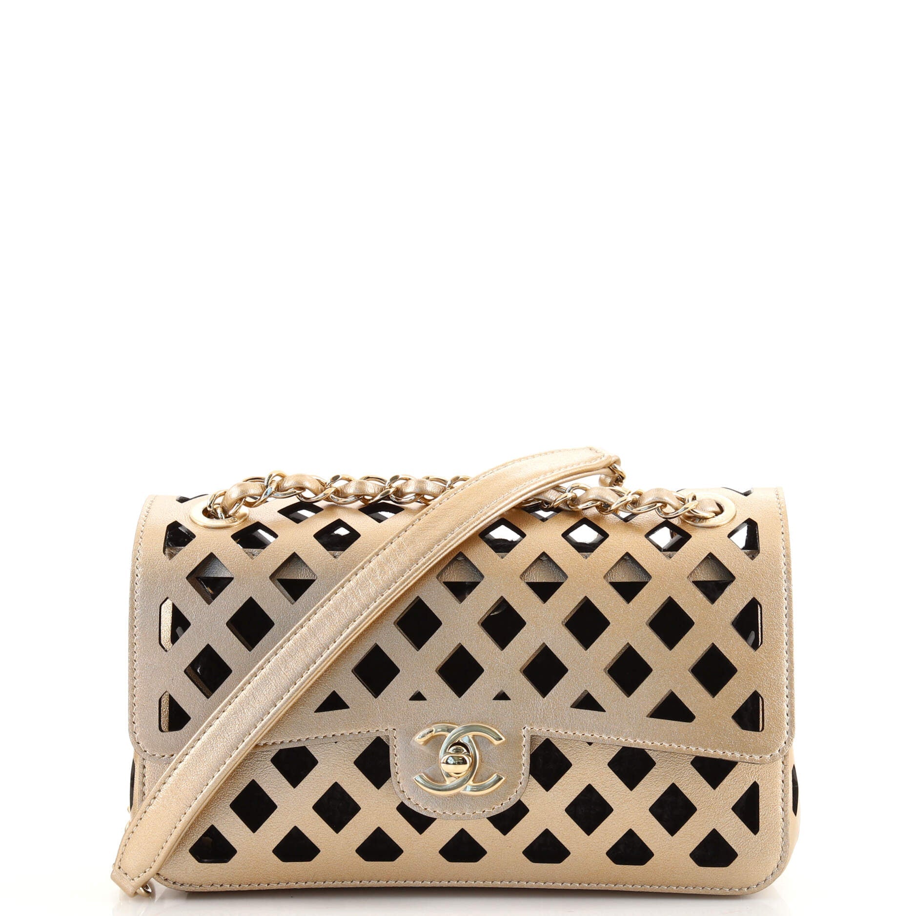 Sea Through Flap Bag Perforated Calfskin with Tweed Mini