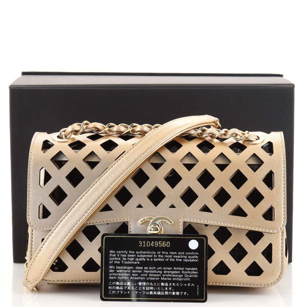 Sea Through Flap Bag Perforated Calfskin with Tweed Mini
