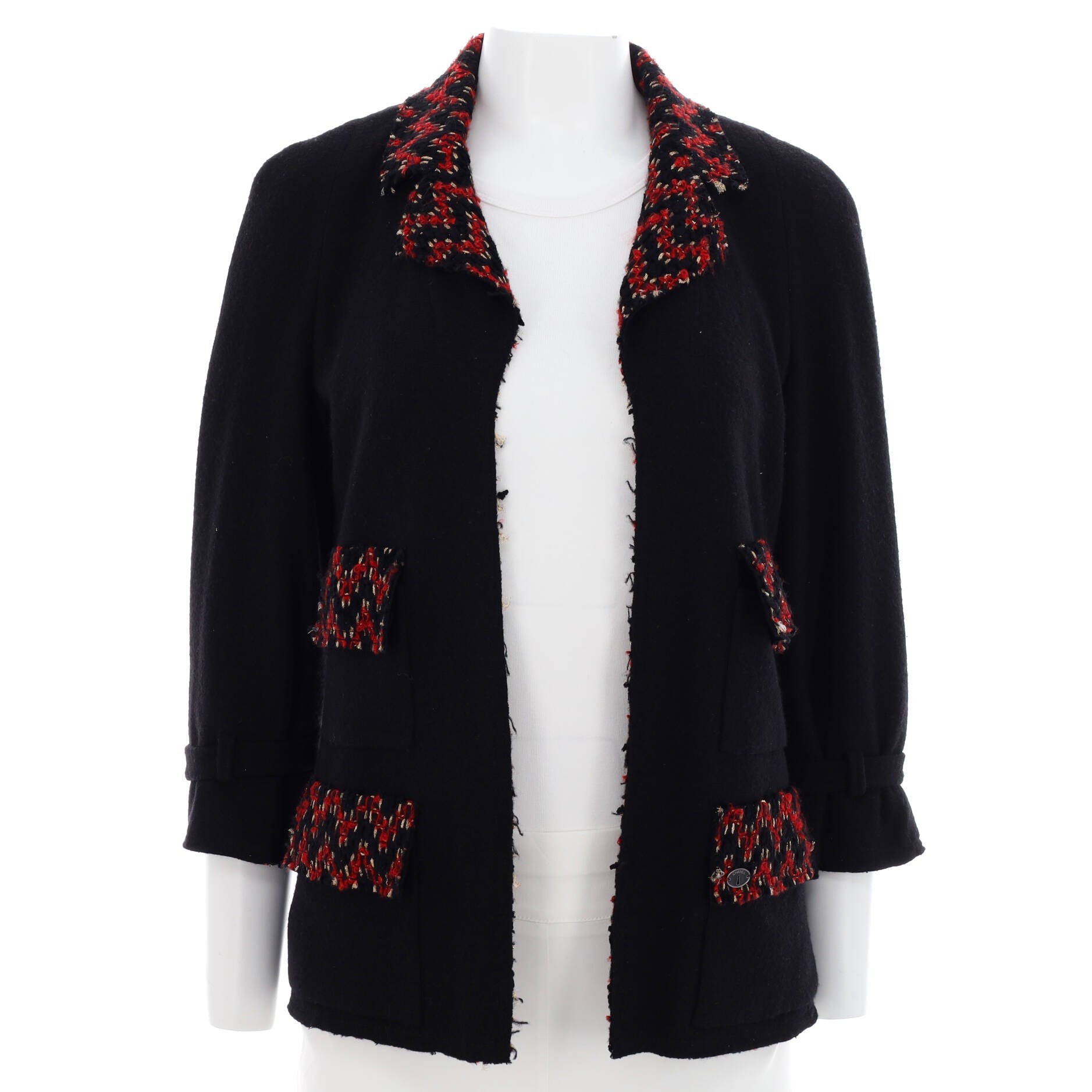 Women's Contrast Collar Four Pocket Belted Sleeve Jacket Wool Cashmere Blend with Tweed Detail