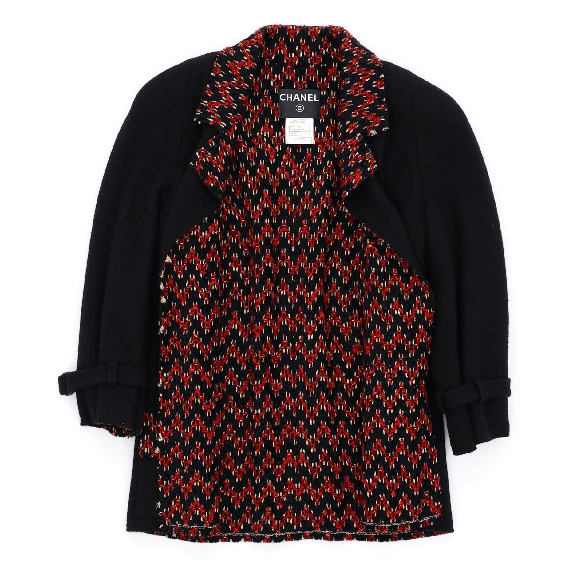 Women's Contrast Collar Four Pocket Belted Sleeve Jacket Wool Cashmere Blend with Tweed Detail