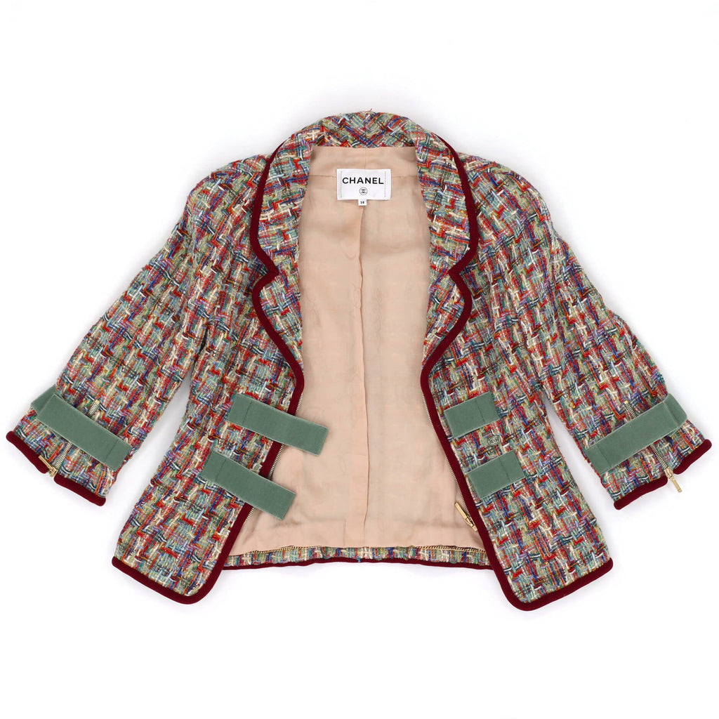 Women's Contrast Piping Belt Closure Cropped Jacket Tweed