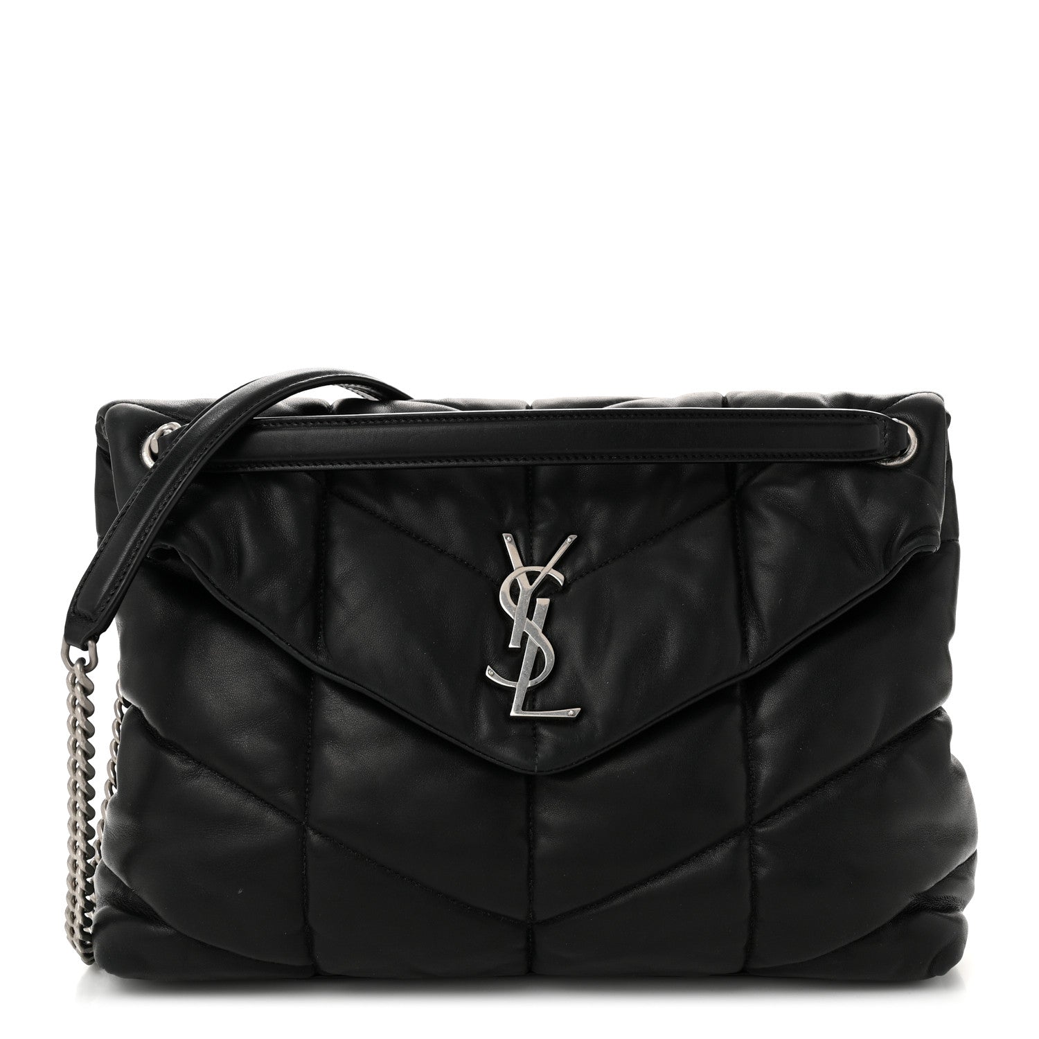Lambskin Quilted Medium Loulou Puffer Monogram Chain Satchel Black