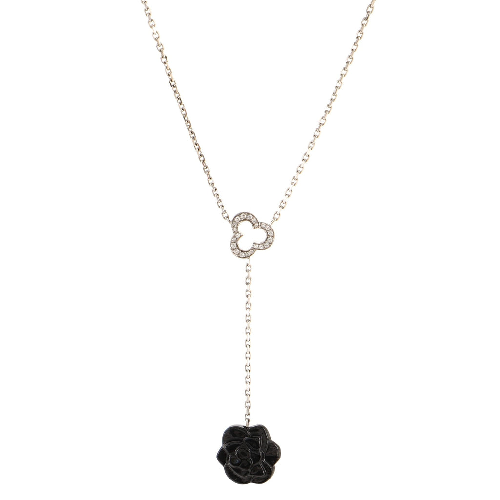 Camelia Lariat Necklace 18K White Gold with Diamonds and Onyx