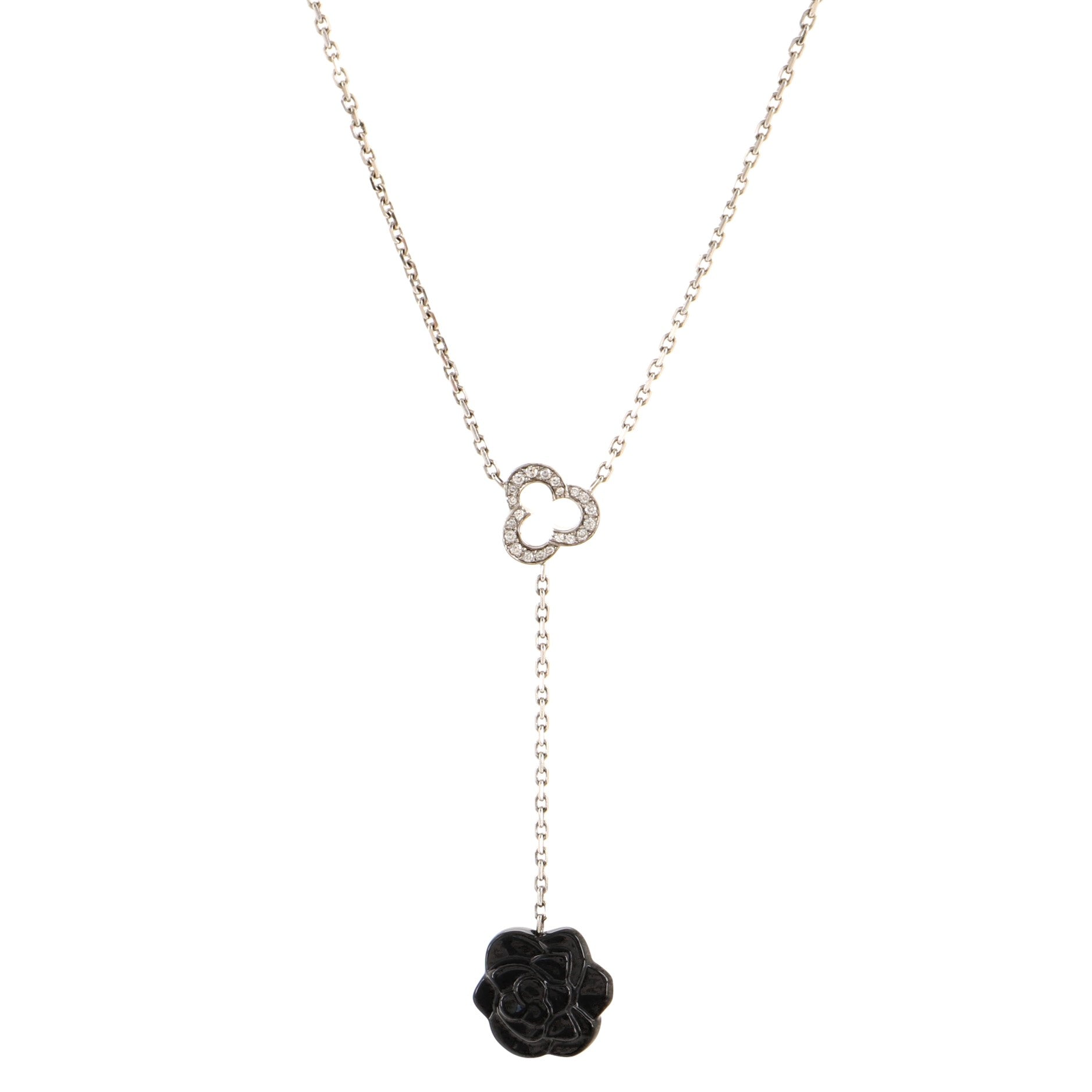 Camelia Lariat Necklace 18K White Gold with Diamonds and Onyx