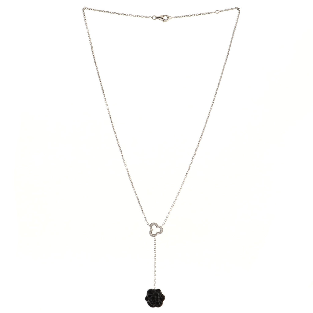 Camelia Lariat Necklace 18K White Gold with Diamonds and Onyx