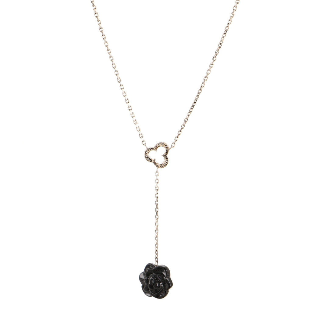 Camelia Lariat Necklace 18K White Gold with Diamonds and Onyx