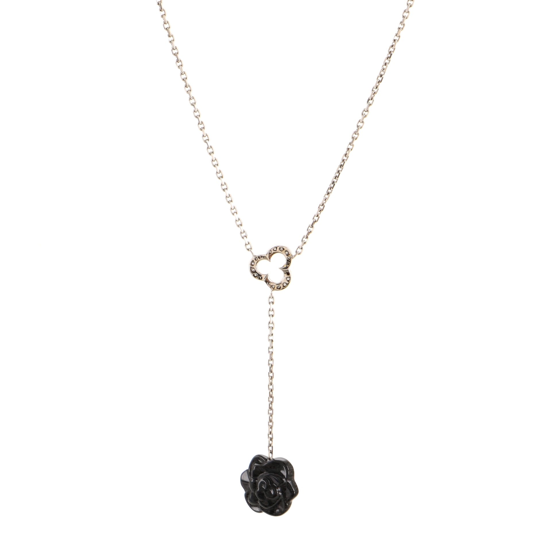 Camelia Lariat Necklace 18K White Gold with Diamonds and Onyx