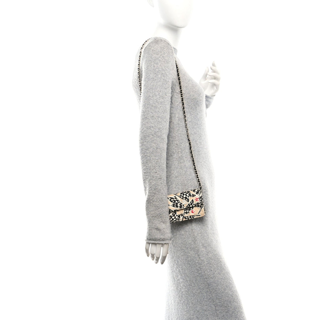 Canvas Check Flag Printed CC Clutch With Chain Beige Multicolor