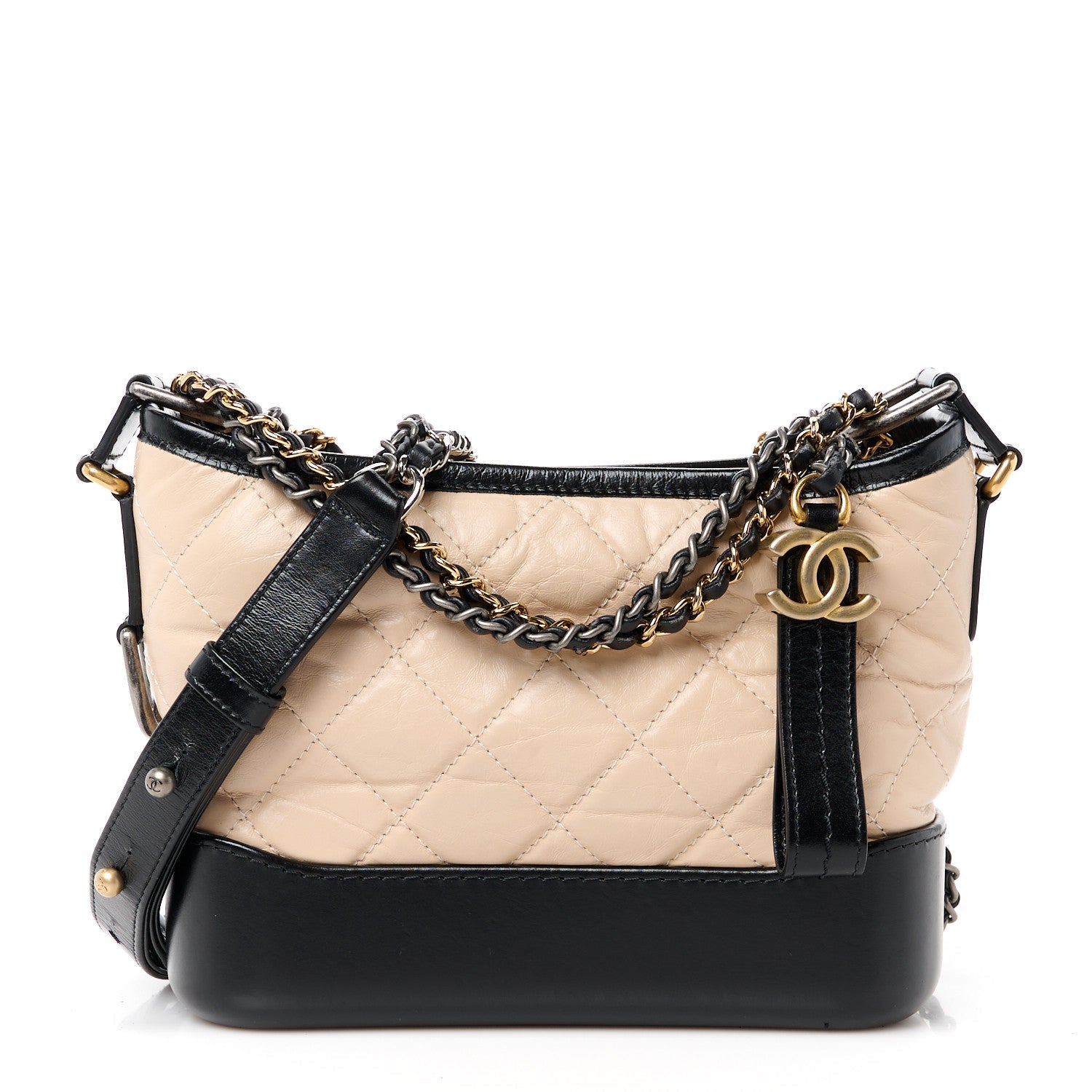 Aged Calfskin Quilted Small Gabrielle Hobo Beige Black