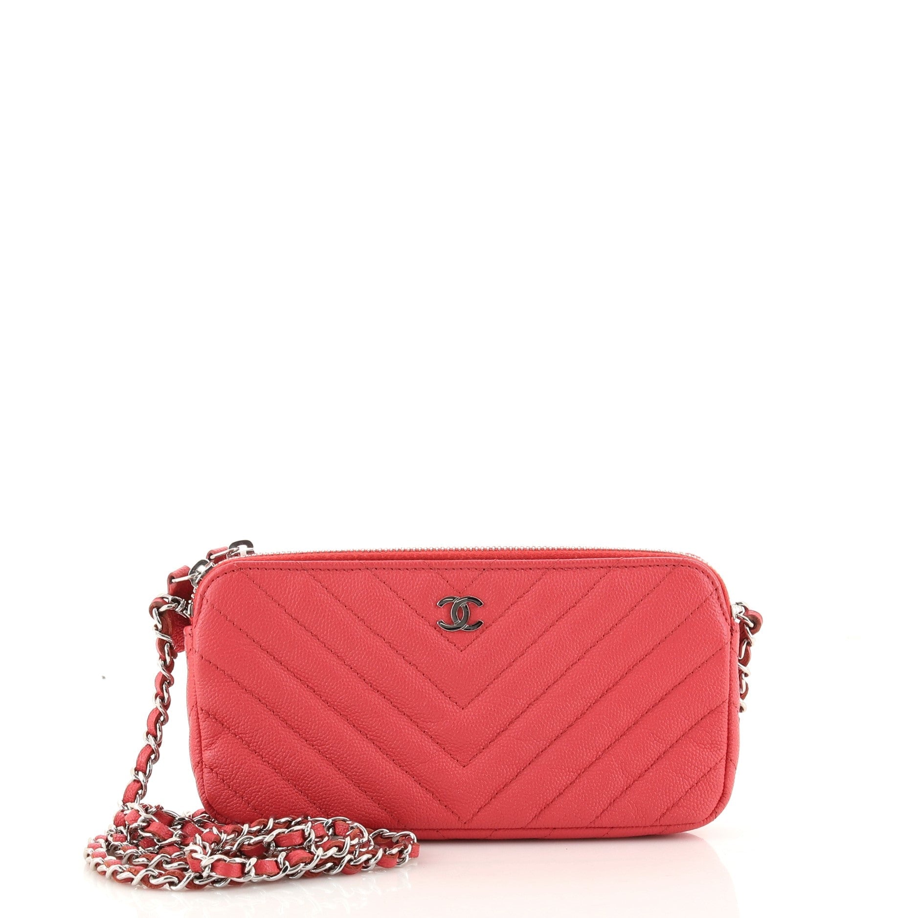 Double Zip Clutch with Chain Chevron Caviar