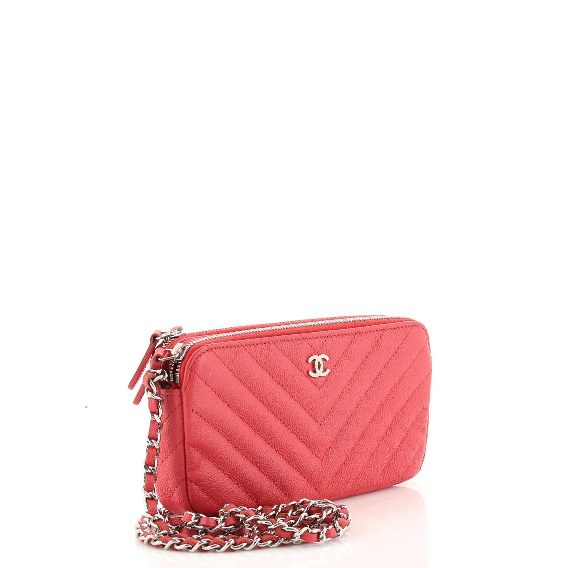 Double Zip Clutch with Chain Chevron Caviar